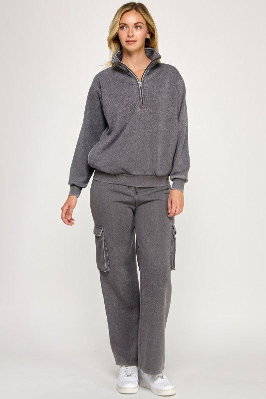 Burn Out Half Zip Mock Neck Sweater Charcoal