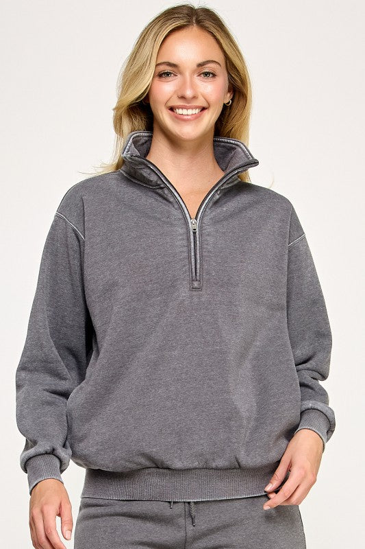 Burn Out Half Zip Mock Neck Sweater Grey