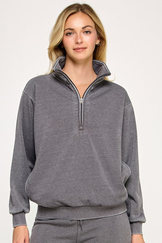 Burn Out Half Zip Mock Neck Sweater Grey
