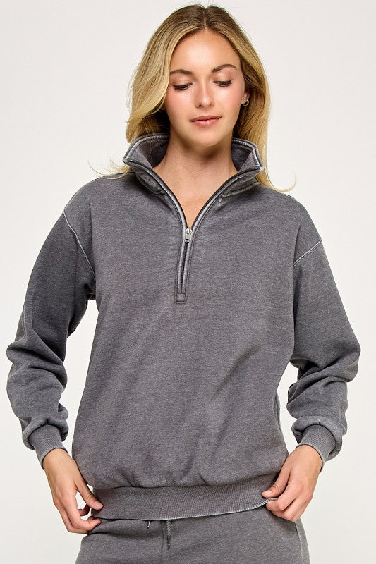Burn Out Half Zip Mock Neck Sweater Grey