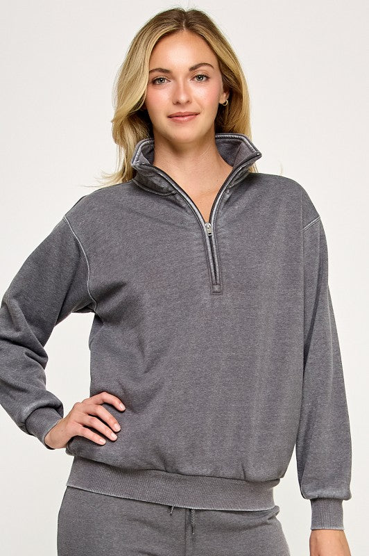 Burn Out Half Zip Mock Neck Sweater Charcoal