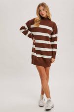 Turtleneck Striped Knit Sweater Dress