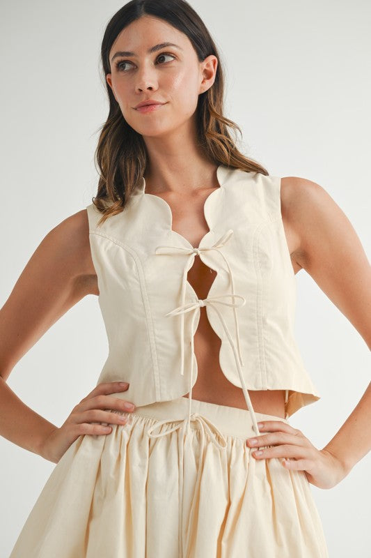 Scalloped Tie Front Vest Top Soft Lemon