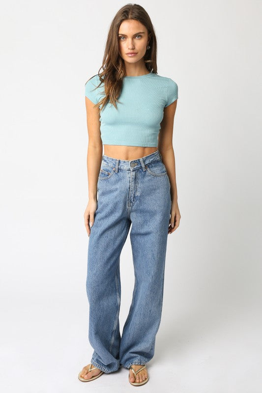 Ribbed Cropped Baby Tee Dusty Blue