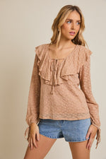 V-Neck Ruffle Detail Lace Tie Front Top