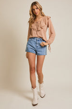 V-Neck Ruffle Detail Lace Tie Front Top