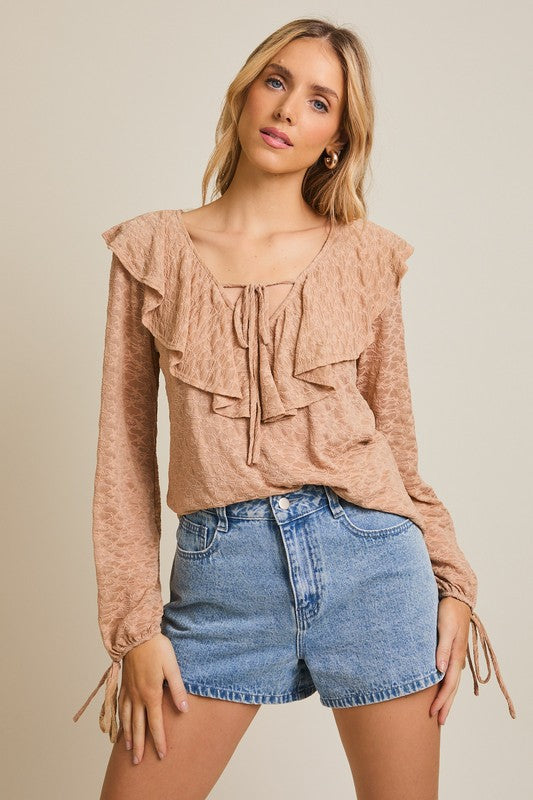 V-Neck Ruffle Detail Lace Tie Front Top