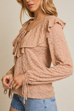 V-Neck Ruffle Detail Lace Tie Front Top