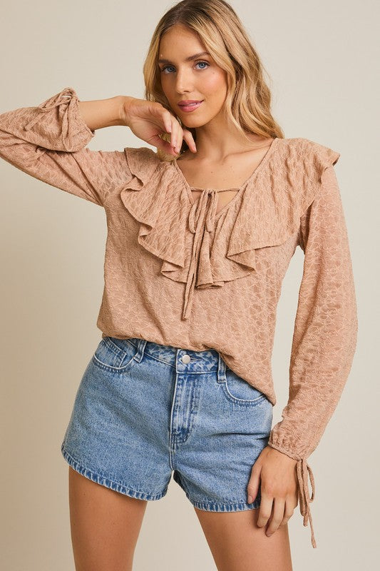 V-Neck Ruffle Detail Lace Tie Front Top