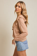 V-Neck Ruffle Detail Lace Tie Front Top