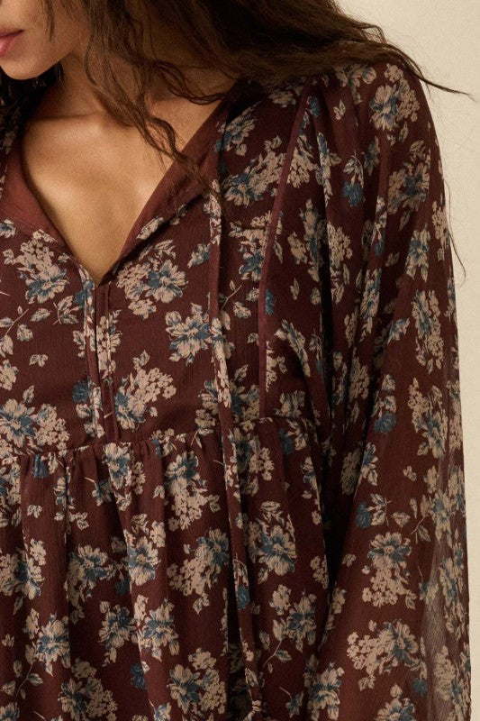 Floral Chiffon Tie-neck Babydoll Peasant Top
