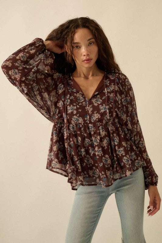 Floral Chiffon Tie-neck Babydoll Peasant Top