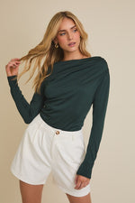 Cowl Neck Long Sleeve Top Dark Green