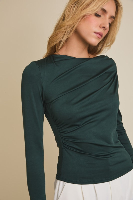 Cowl Neck Long Sleeve Top Dark Green