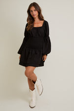 Square Neck Smocked Long Sleeve Dress Black