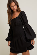 Square Neck Smocked Long Sleeve Dress Black