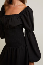 Square Neck Smocked Long Sleeve Dress Black