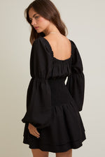 Square Neck Smocked Long Sleeve Dress Black