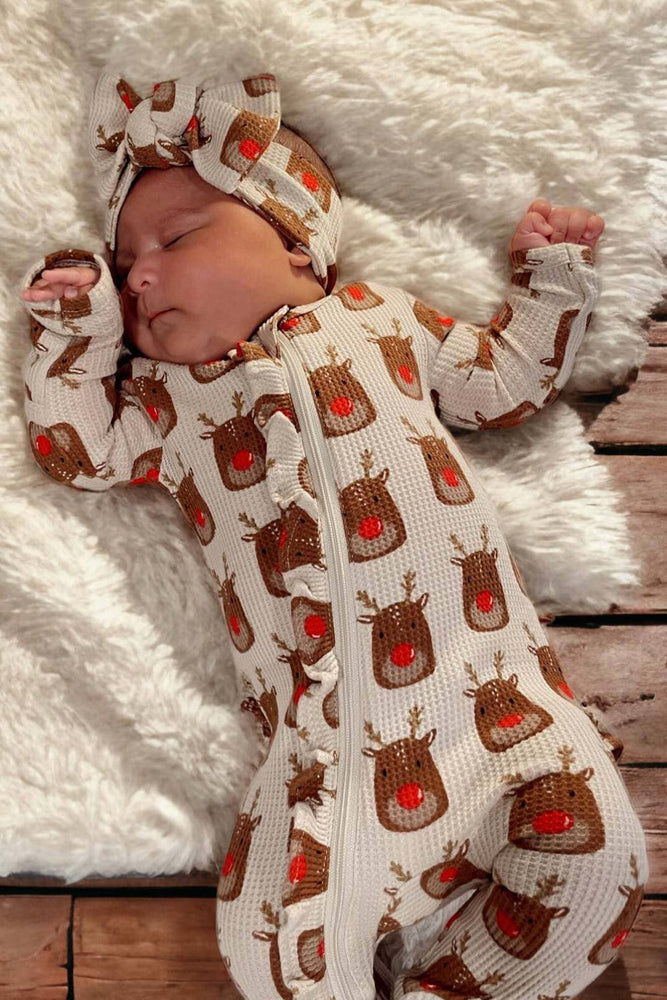 Organic Waffle Ruffle Zip Footie, Reindeer
