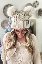 Cable Knit Double Pom Beanie Beige