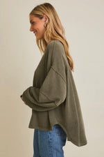 Round Neck Long Sleeve Cut Edge Detail Top Olive