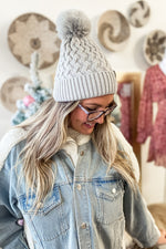 Silver Woven Cable Knit Pom C.C Beanie