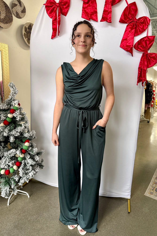 Cowl Neck Sleeveless Jumpsuit Teal
