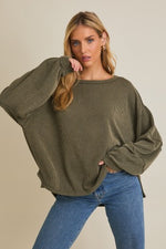 Round Neck Long Sleeve Cut Edge Detail Top Olive