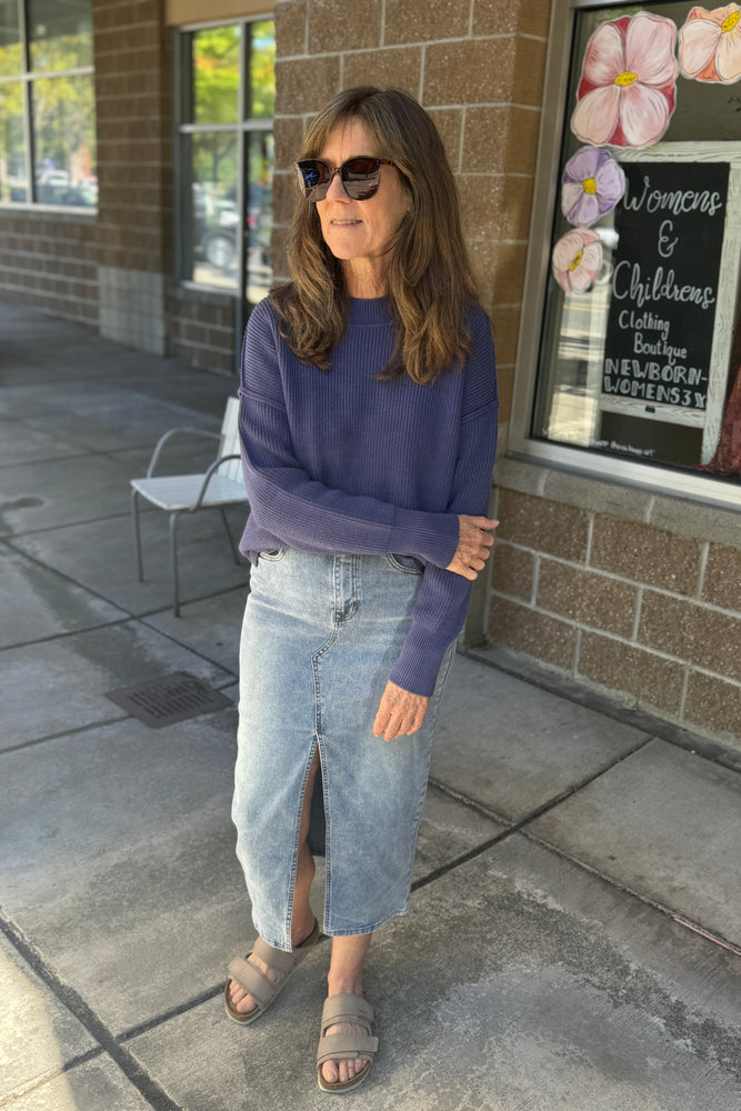 Drop Shoulder Mock Neck Sweater Blue