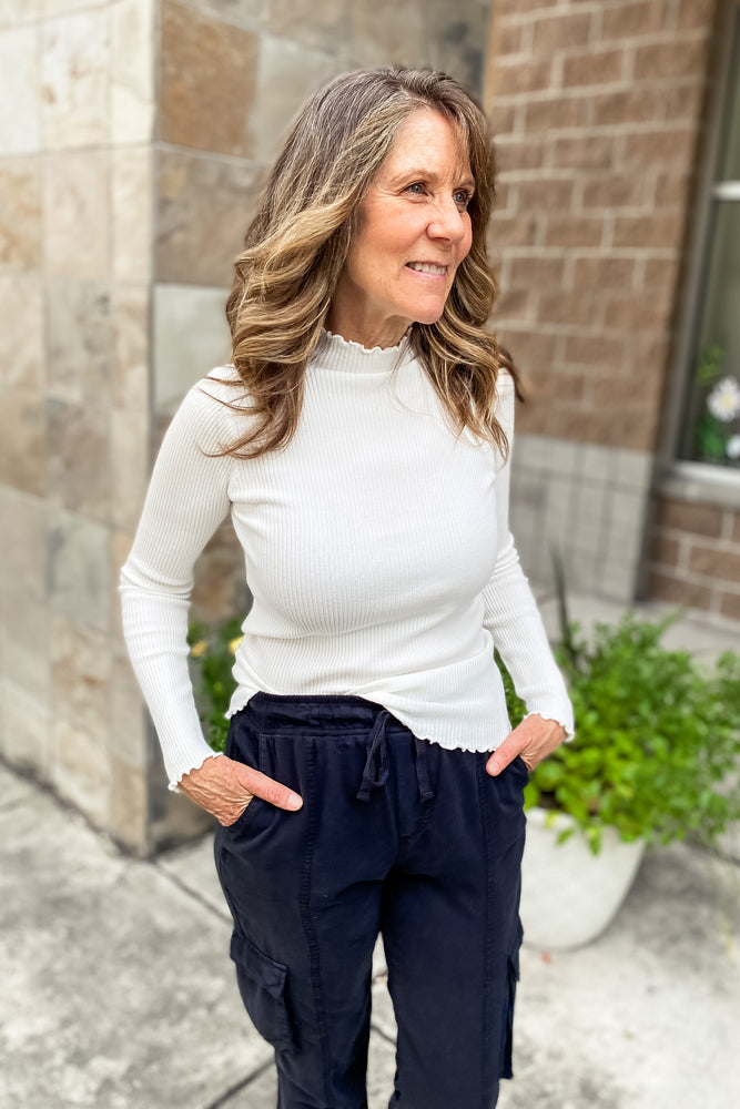 Ryan Knit Lettuce Hem Turtleneck Top White