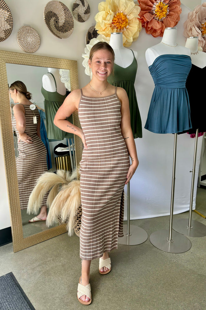 Ribbed Striped Midi Dress Mocha