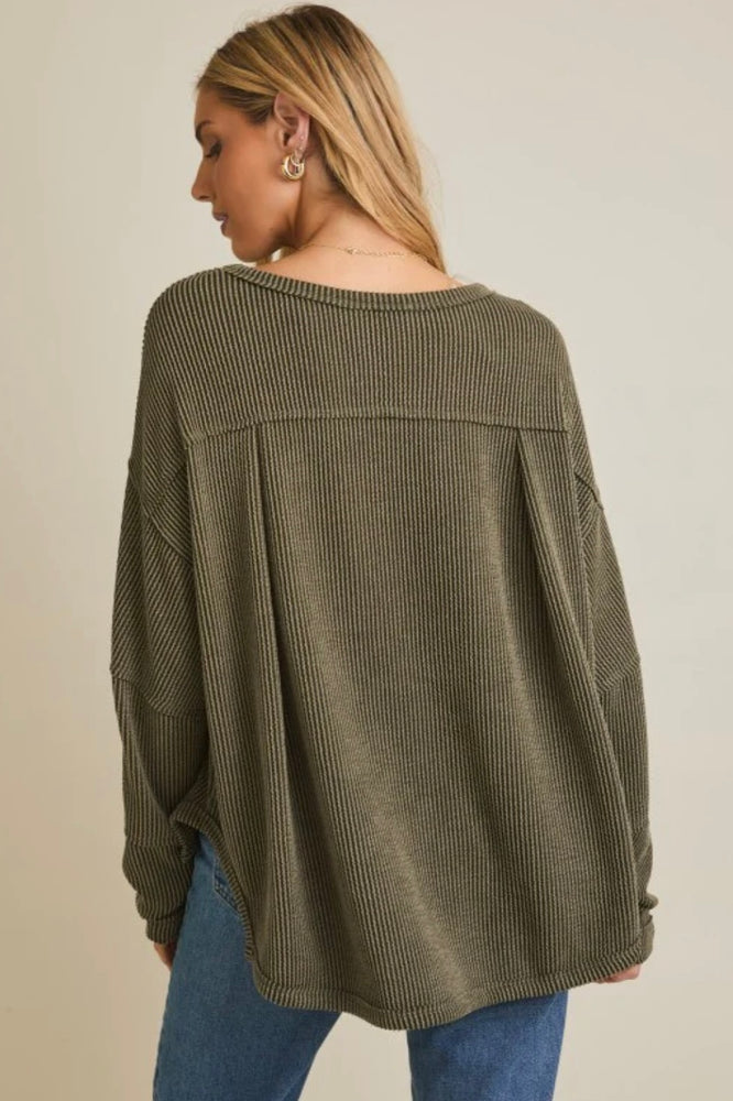 Round Neck Long Sleeve Cut Edge Detail Top Olive