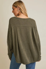 Round Neck Long Sleeve Cut Edge Detail Top Olive