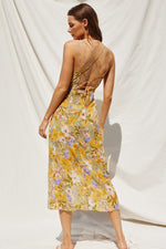 Ruched Midi Dress Yellow Floral