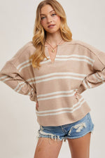 Notch Neck Striped Knit Sweater