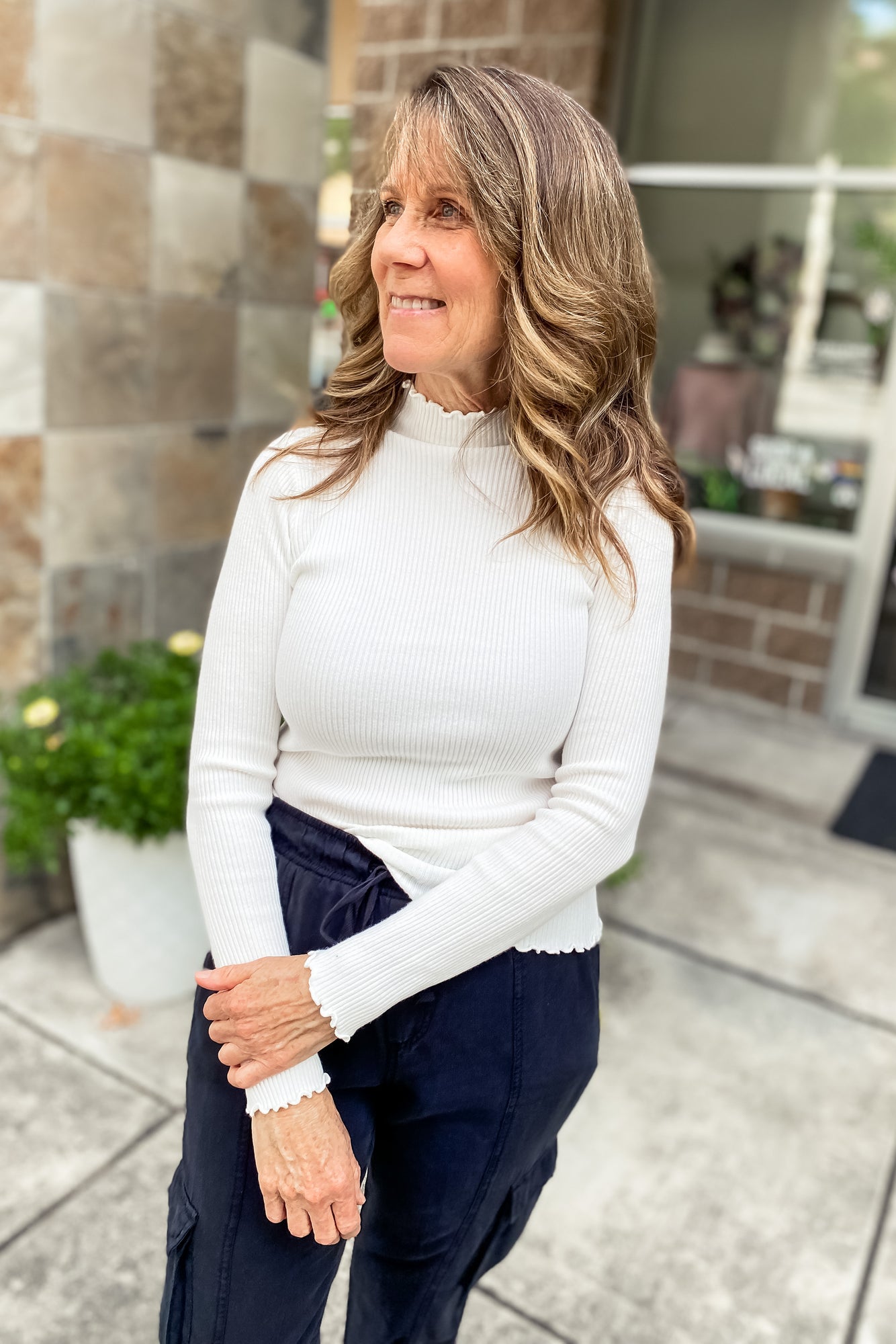 Ryan Knit Lettuce Hem Turtleneck Top White