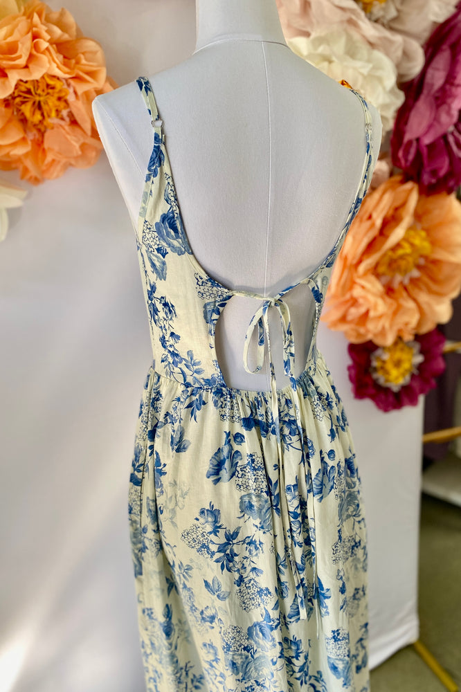 Open Back Printed Maxi Dress Cream and Blue