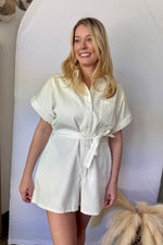 Button Front Shirt Style Romper White