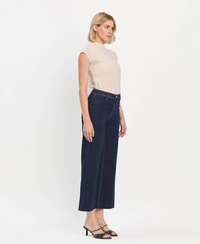 High Rise Raw Hem Wide Leg Ankle Jeans