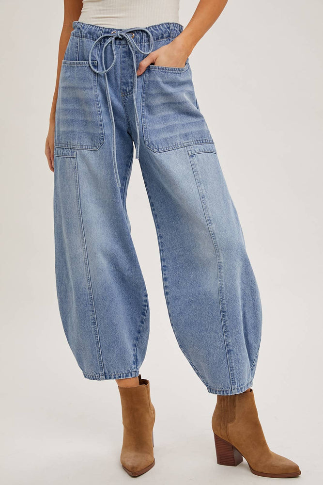 Sarah Mid Rise Drawstring Barrel Jeans