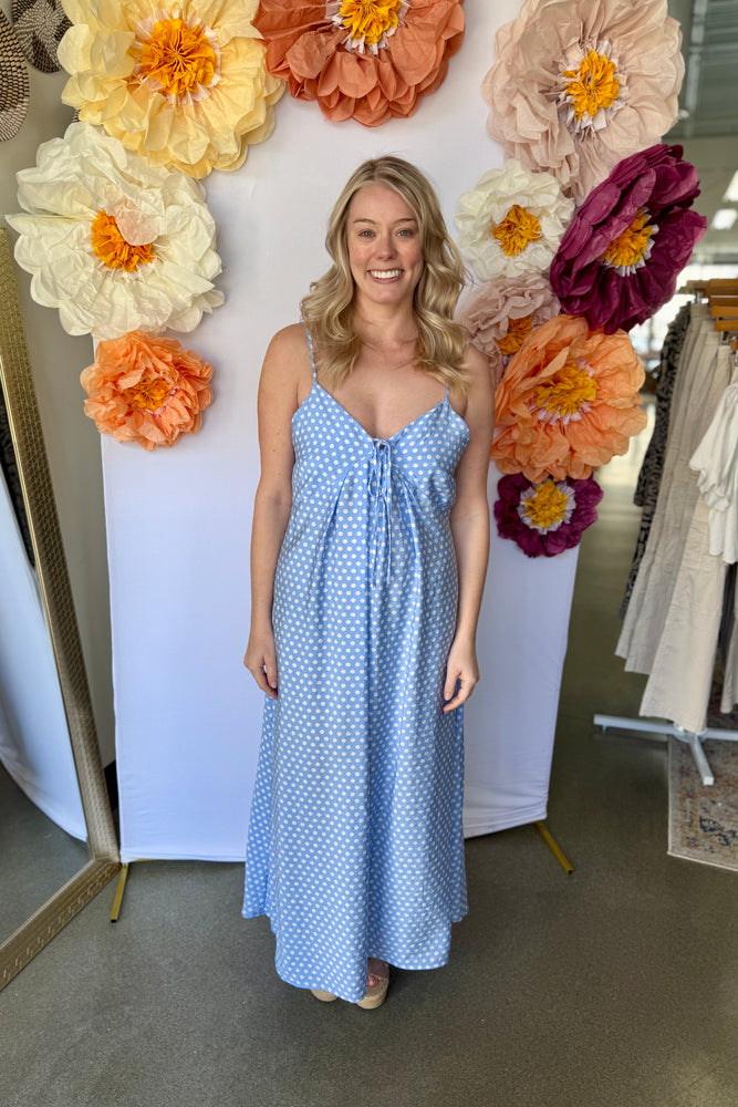 Blue and White Polka Dot Maxi Dress