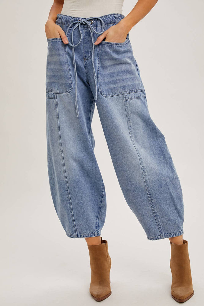 Sarah Mid Rise Drawstring Barrel Jeans
