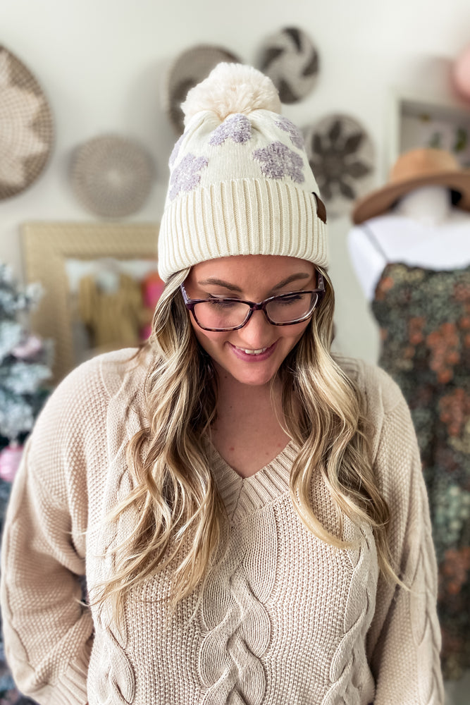 Lavender Daisy Patterned Faux Fur C.C Beanie