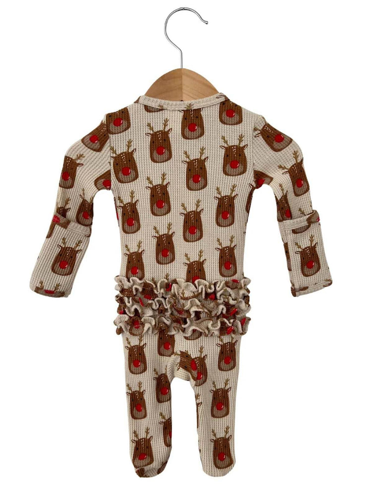 Organic Waffle Ruffle Zip Footie, Reindeer