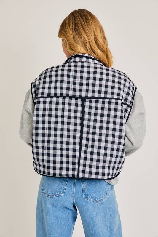 Drop Shoulder High Collared Quilt Vest Black and White