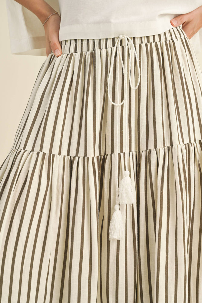 Striped Tiered Maxi Skirt Olive