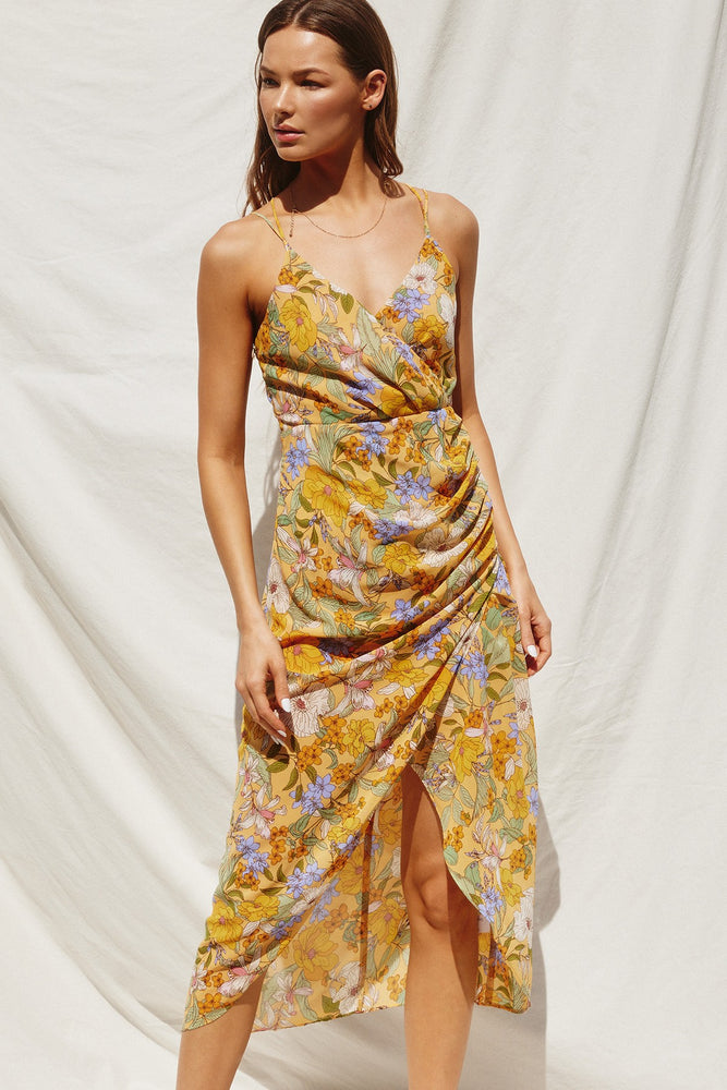 Ruched Midi Dress Yellow Floral