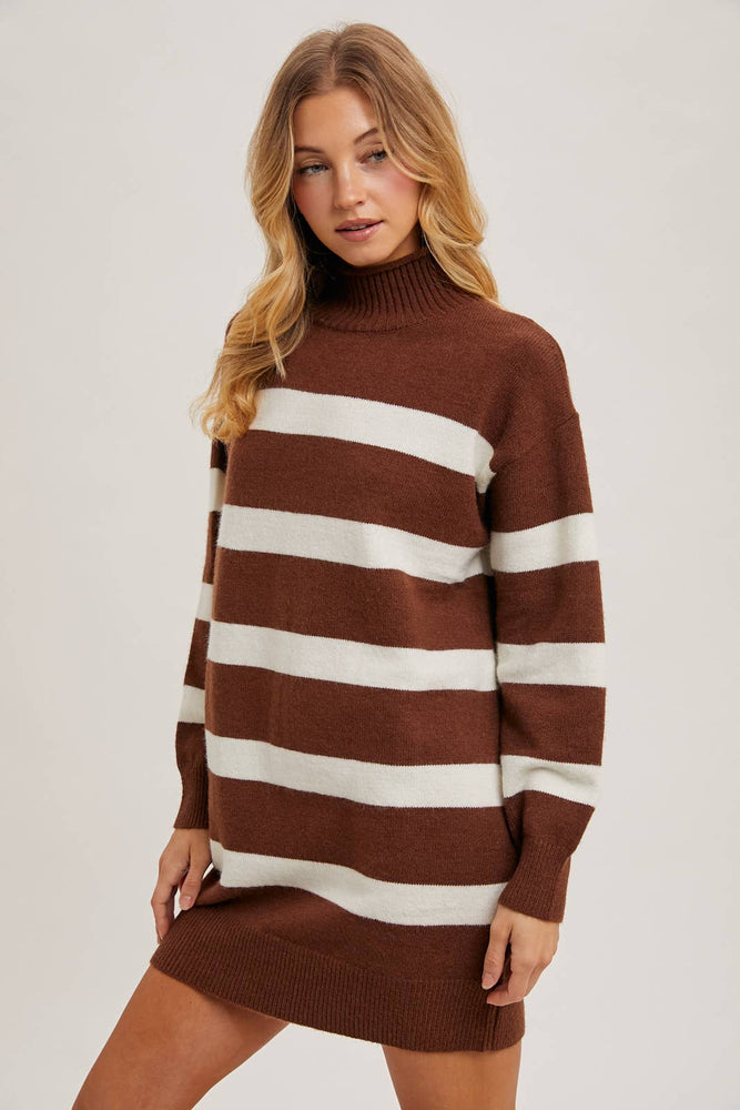 Turtleneck Striped Knit Sweater Dress