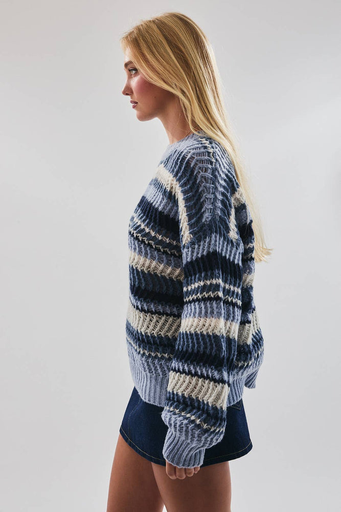 Long Sleeve Crewneck Stripe Sweater Blue