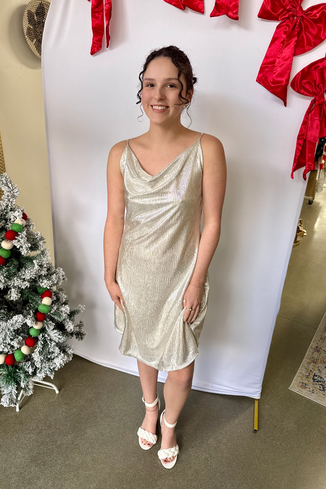 Cowl Neck Shimmer Mini Dress
